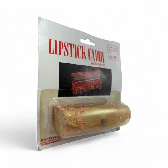 Vintage Woolworth Lipstick Caddy with Mirror Gold & Red Floral – New in Package - Picture 4 of 5